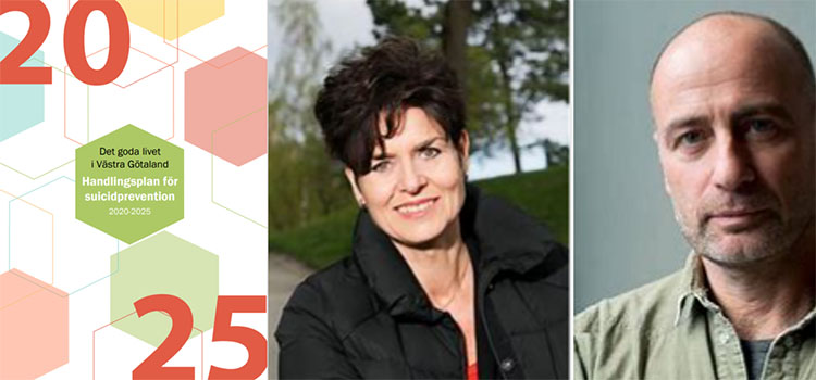 Framsidan av handlingsplan för suicidprevention samt porträtt på suicidforskaren Ullakarin Nyberg och Per Graffman, skådepelare