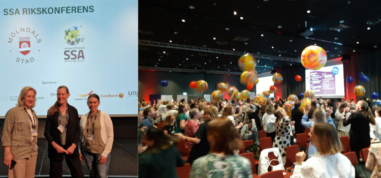 Tre personer framför en bildskärm och bild tagen på konferensdeltagare