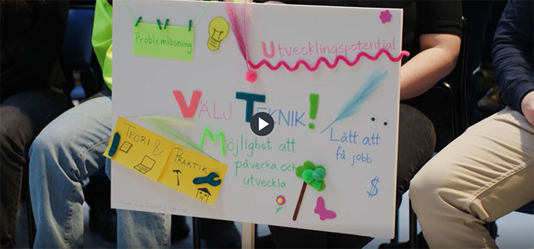 Urklipp från fil om teknikcollege, närbild på skylt med texten välj teknik